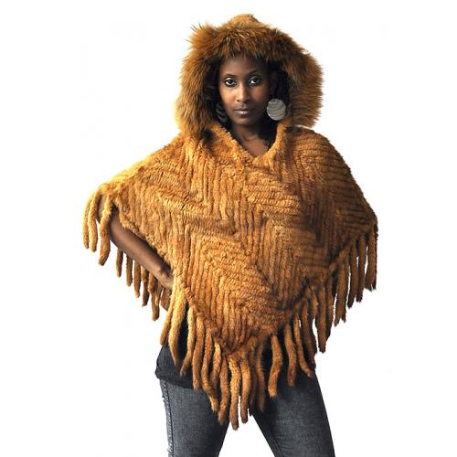 Winter Fur Ladies Whisky Genuine Knitted Mink Poncho With Hood W09K05